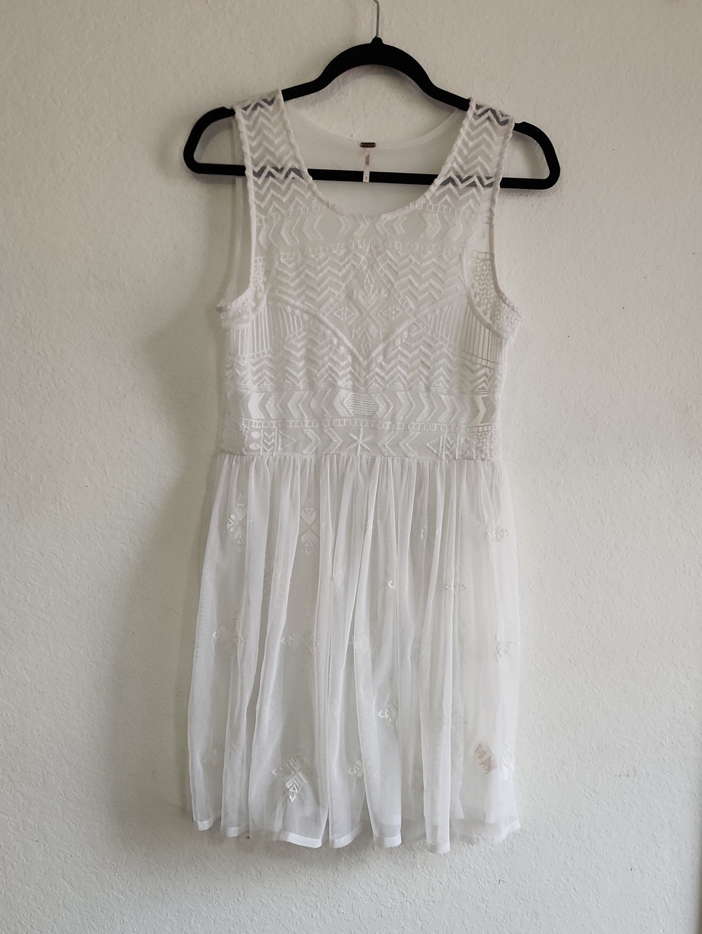 Free People Geo Embroidered Mesh Fit & Flare Mini Dress White Size S Boho Fairy